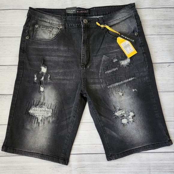 M Society Other - Men's Distressed Skinny Fit Black Denim Shorts With Stretch